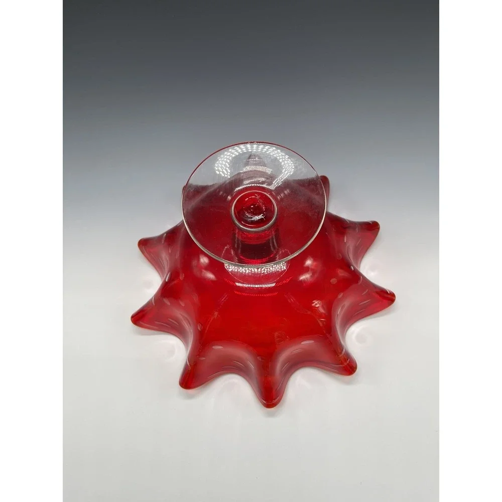 Vtg‎ Bischoff Amberina Ruffled Compote Bowl Bubbles Glass Clear Stem Banana Boat